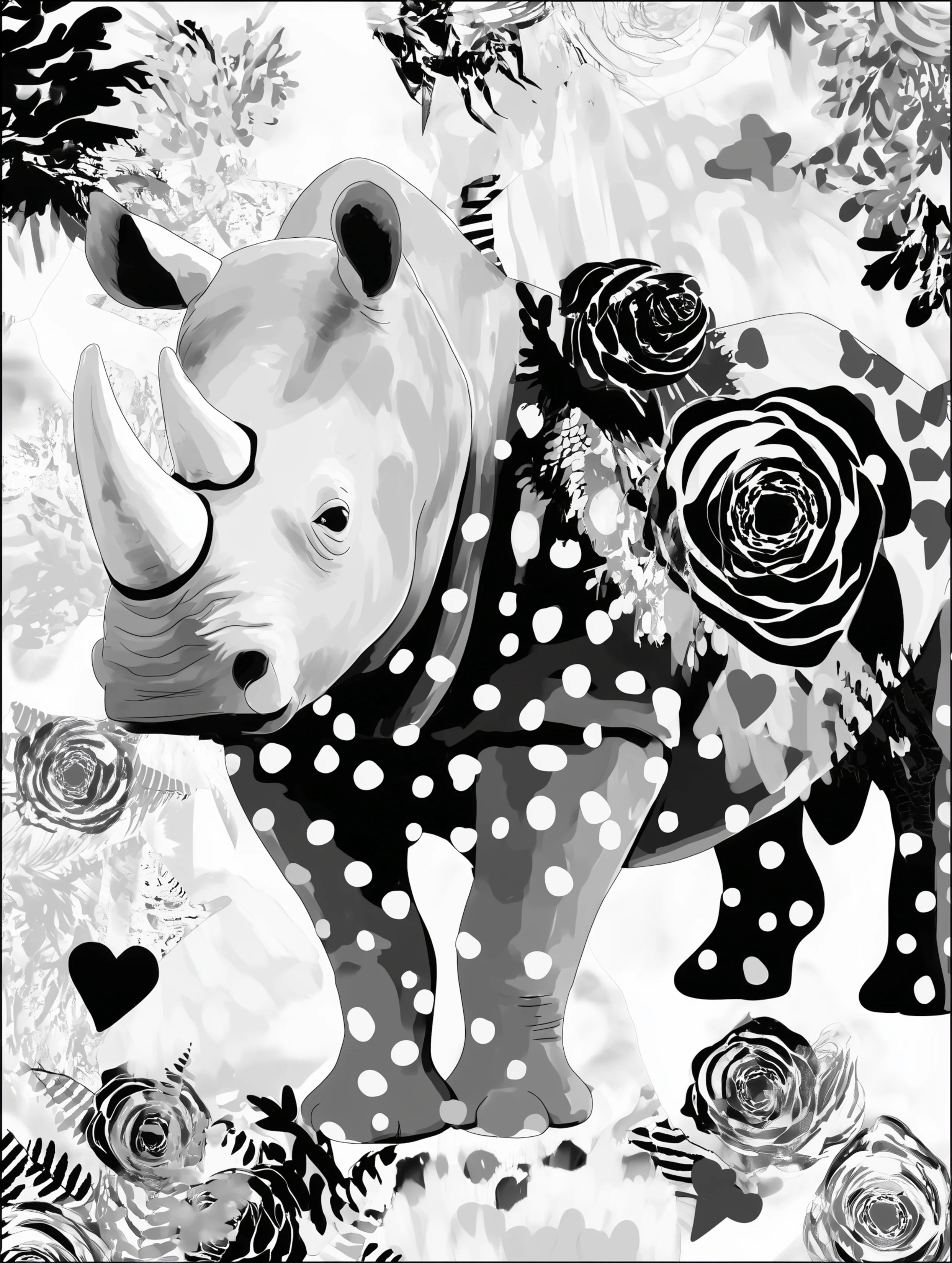 Free printable rhino coloring pages for adults featuring polka dot rhino rose